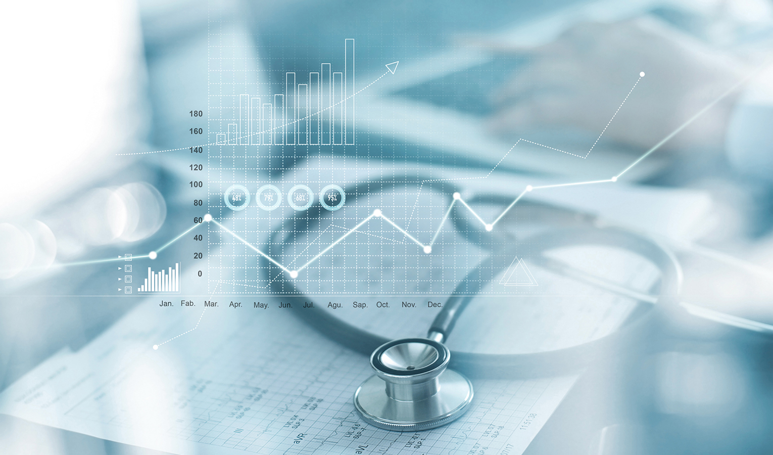 Healthcare business graph and Medical examination and businessman analyzing data and growth chart on blured background